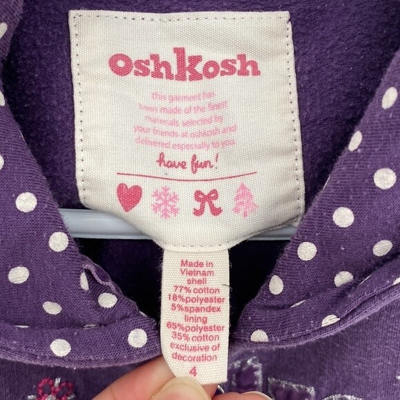 Oshkosh Girls Purple Full Zip Hoodie Sweatshirt size 4 Cozy Floral Polka Dot - Picture 3 of 5